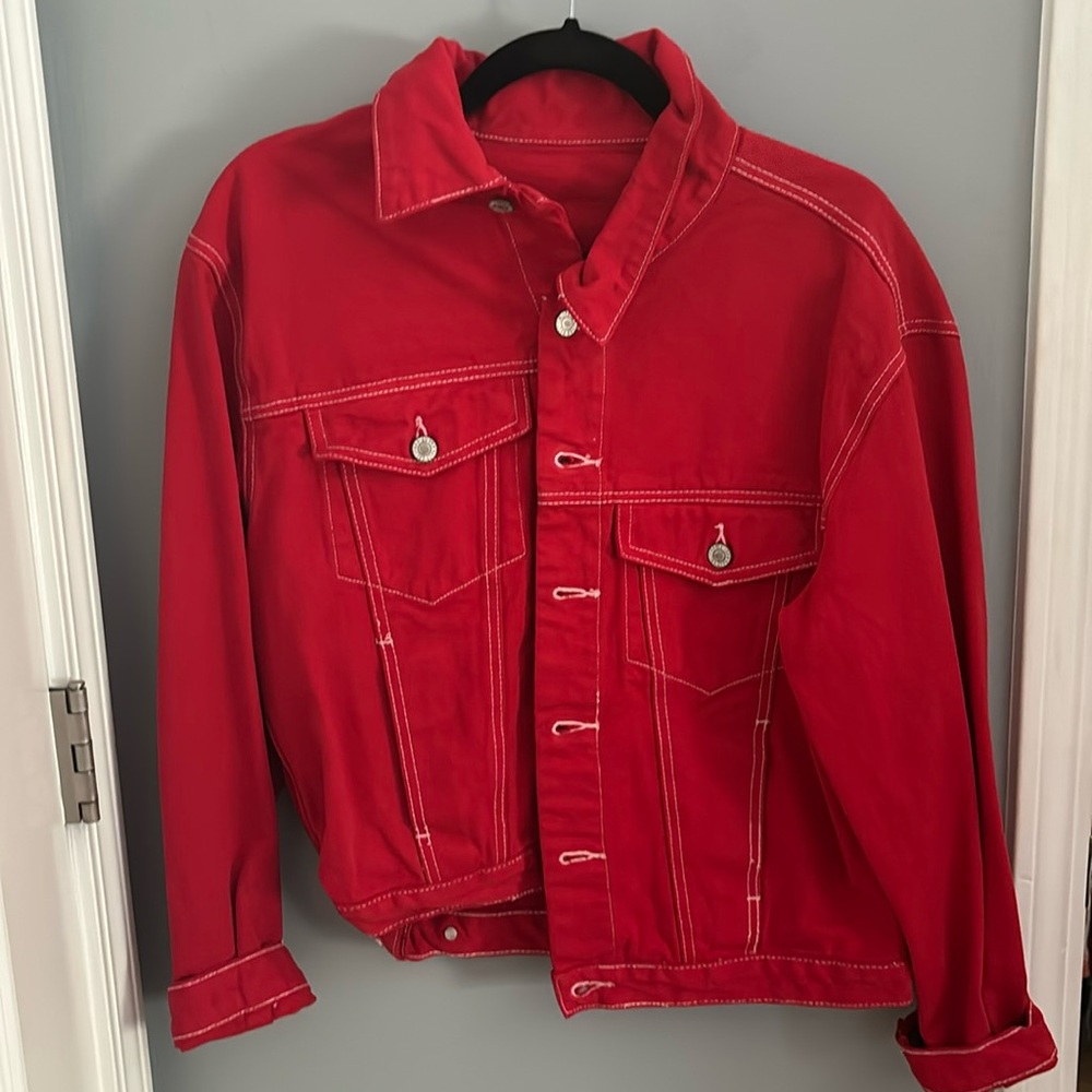 red jean jacket